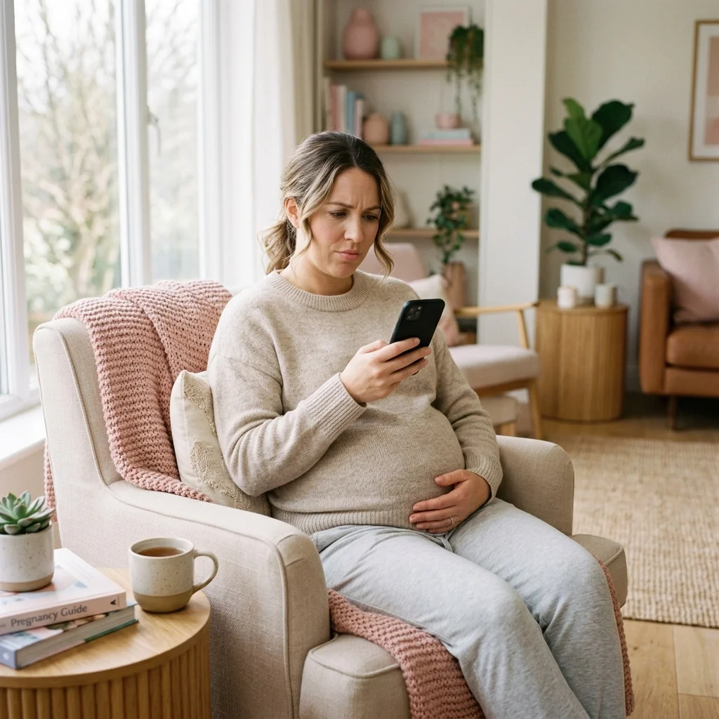 Mãe olhando o celular com expressão de dúvida